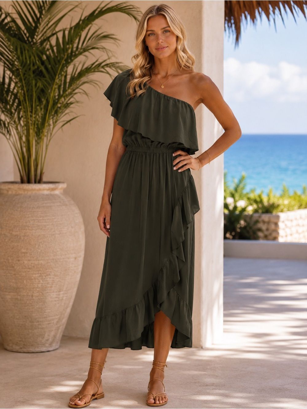 One-Shoulder Ruffle Maxi Dress in Olive